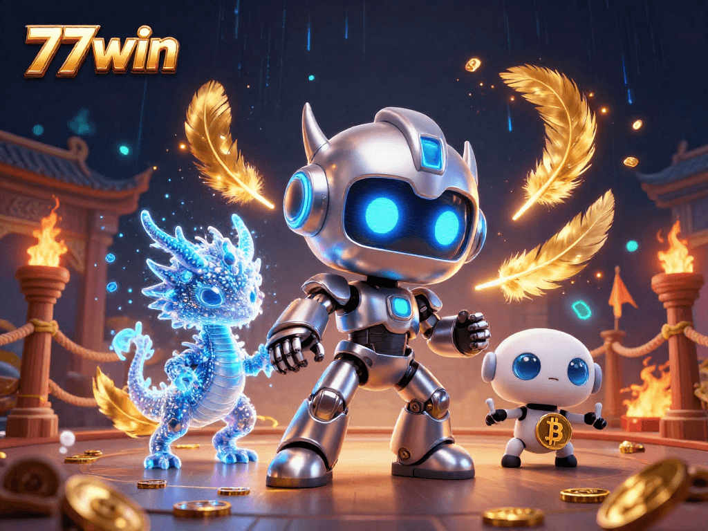 Win big with 77win at this vibrant 3D casino illustration featuring thrilling game elements.
