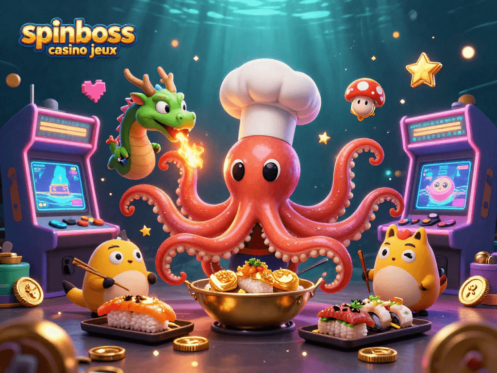 Découvrez l'univers coloré des jeux Spinboss casino avec un chef sushi, un dragon et un client