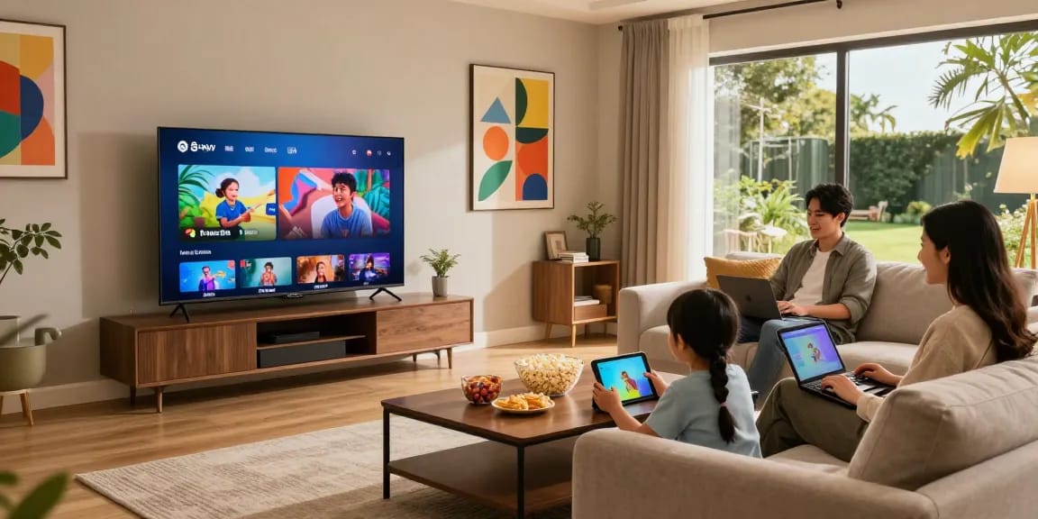 Expérience familiale de streaming avec atlas pro premium sur Smart TV dans un salon moderne