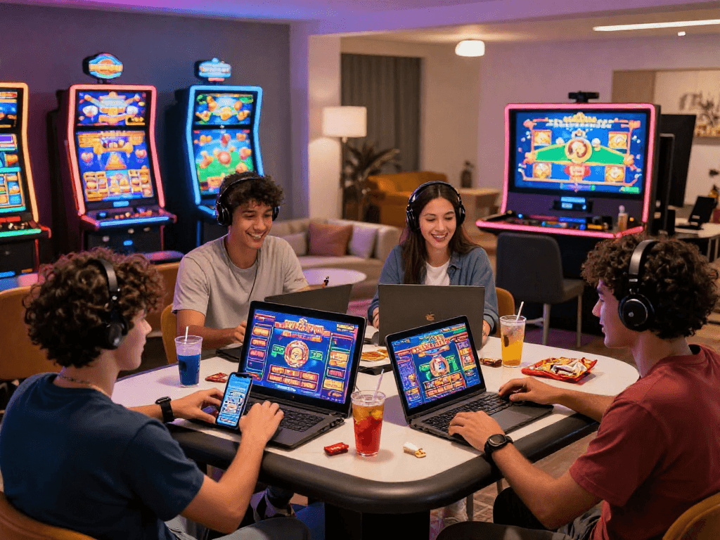 Nouveau casino en ligne : joueurs heureux utilisant des appareils pour jouer à des jeux de casino, environnements vibrants et modernes.