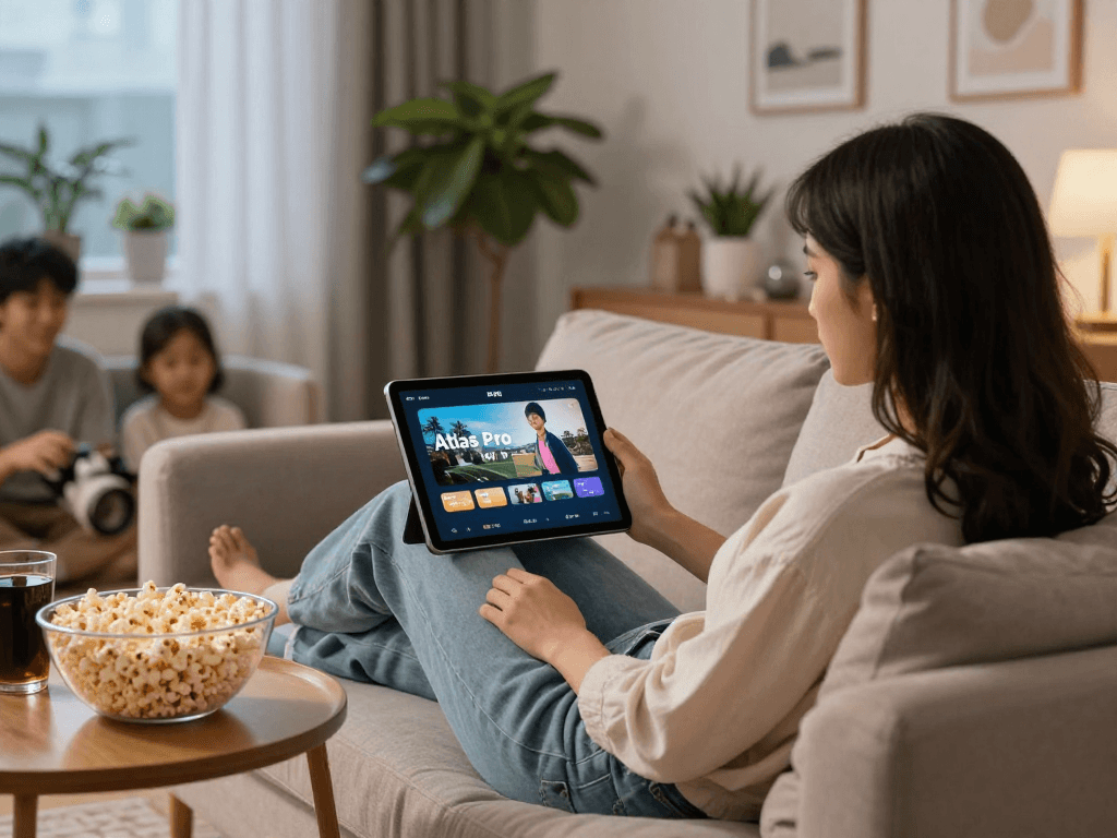 Utilisation de l'application atlas pro ONTV sur une tablette dans un salon chaleureux.