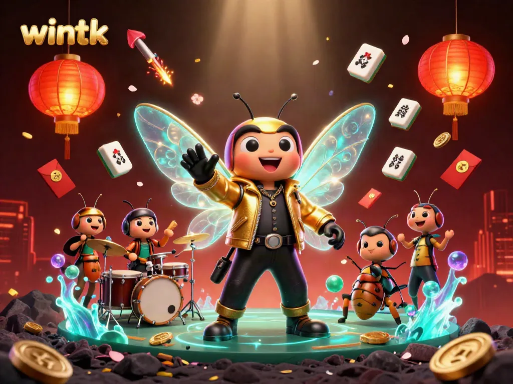 Wintk casino scene with a cicada rock star, beetle drummer, and vibrant gambling elements.