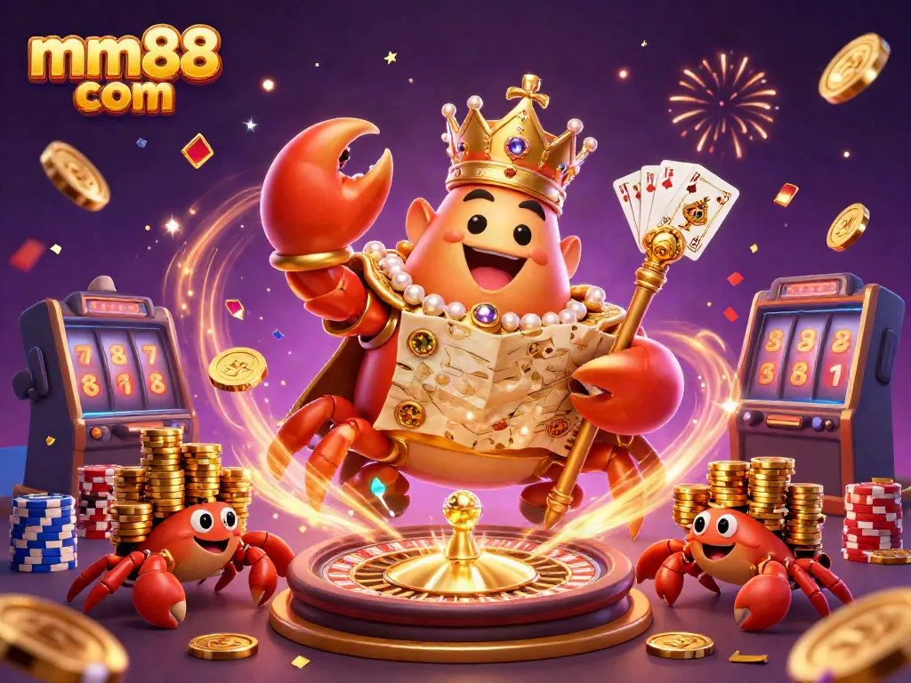 Experience vibrant gaming thrills with MM88 com's golden crab emperor and treasure-filled scene.