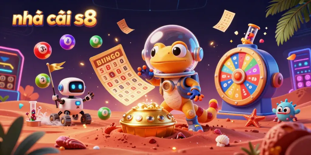 Experience the thrill of nhà cái s8 with a Martian gecko discovering a golden casino in this vibrant illustration.