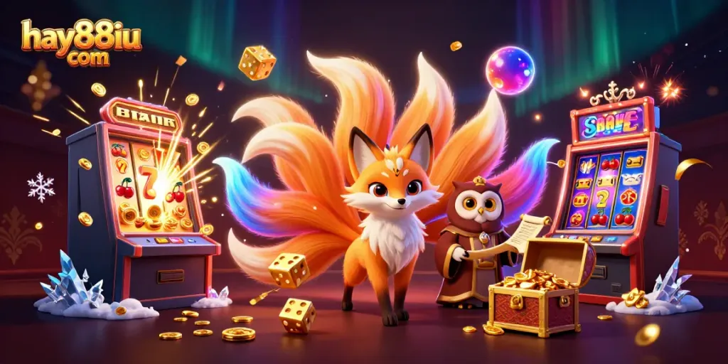 Experience the excitement of hay88iu com with a vibrant scene featuring a fox spirit and an owl sage amidst casino thrills.