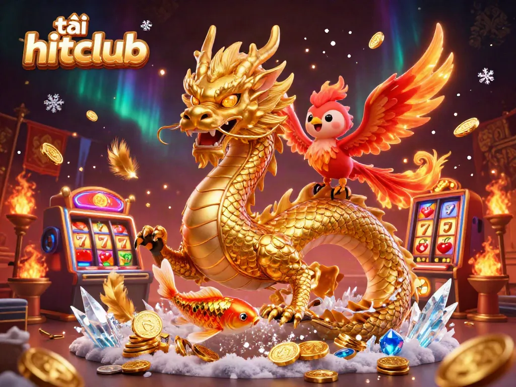 Experience the thrill of tải hitclub in this vibrant illustration featuring a dragon and phoenix in a bustling casino scene.