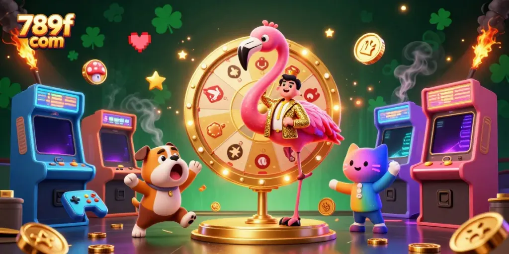 Experience thrilling gaming at 789f com with a dynamic game show scene featuring colorful casino elements.
