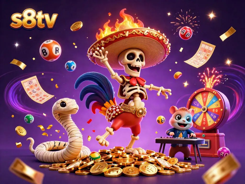 Experience the excitement of s8tv with a colorful, dynamic casino illustration featuring characters, lottery elements, and festive visuals.