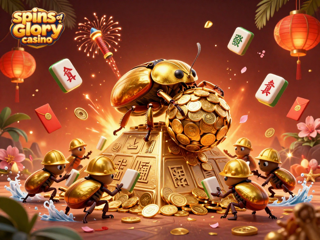 Join the excitement at spins of glory casino with golden beetles and vibrant casino symbols.