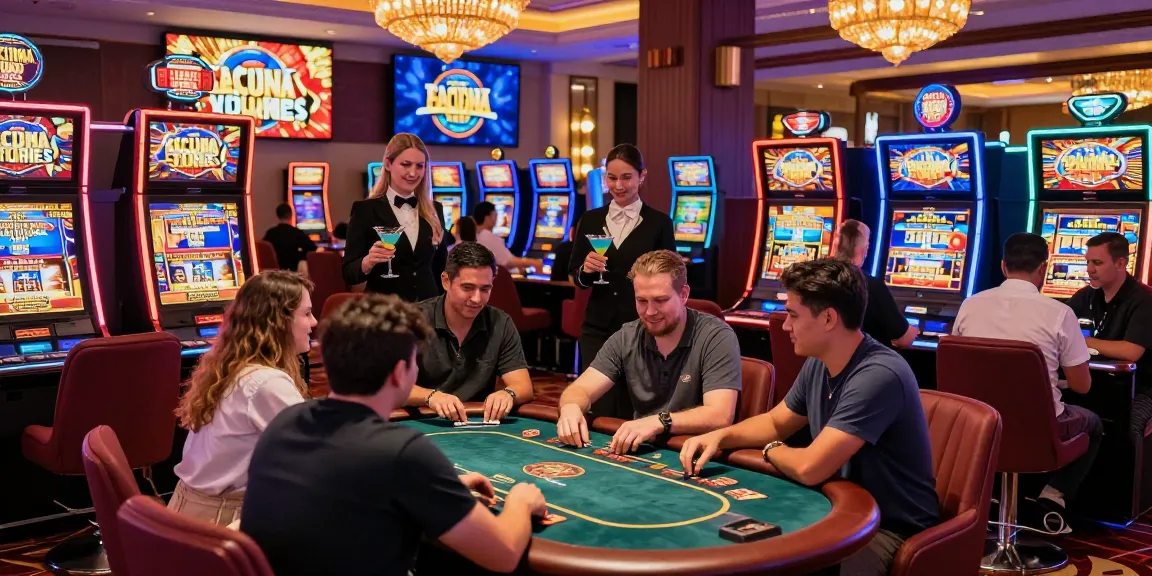 Scène de jeu dynamique dans un casino en ligne, joueurs heureux découvrant les meilleurs casinos en ligne avec des machines à sous lumineuses.