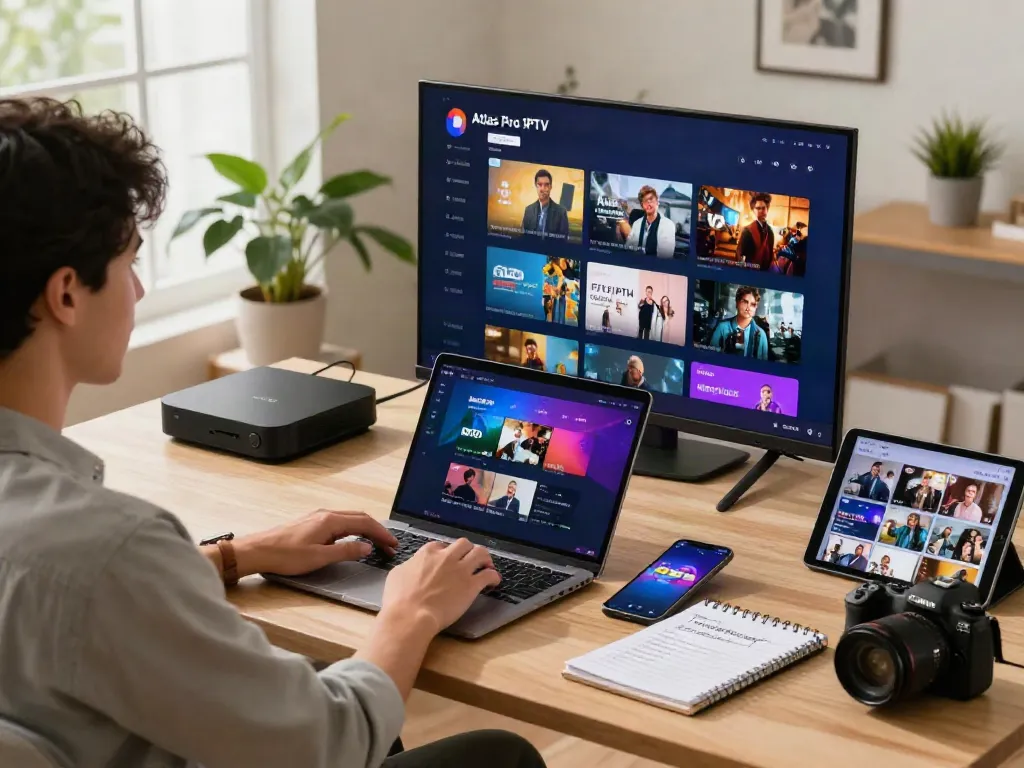 Utilisation de l'application atlas pro iptv sur ordinateur portable dans un bureau convivial.