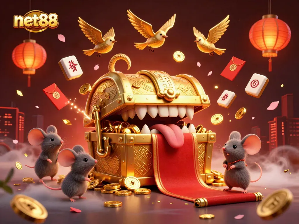 Experience the world of net88 with golden treasures and vibrant casino elements.
