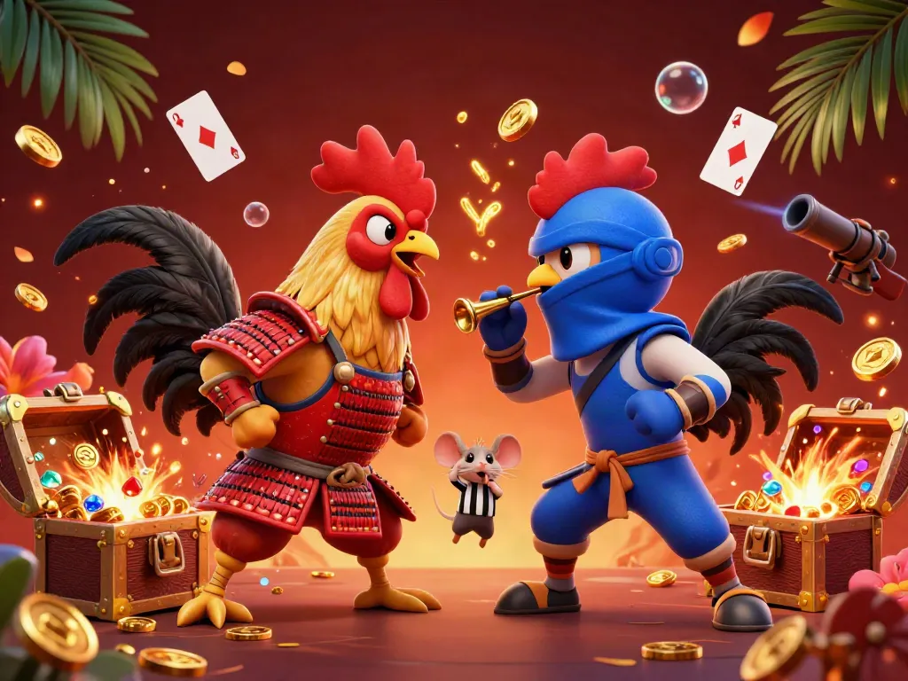 Engage in exhilarating action with ae-888, featuring 3D roosters battling amidst a vibrant casino scene.