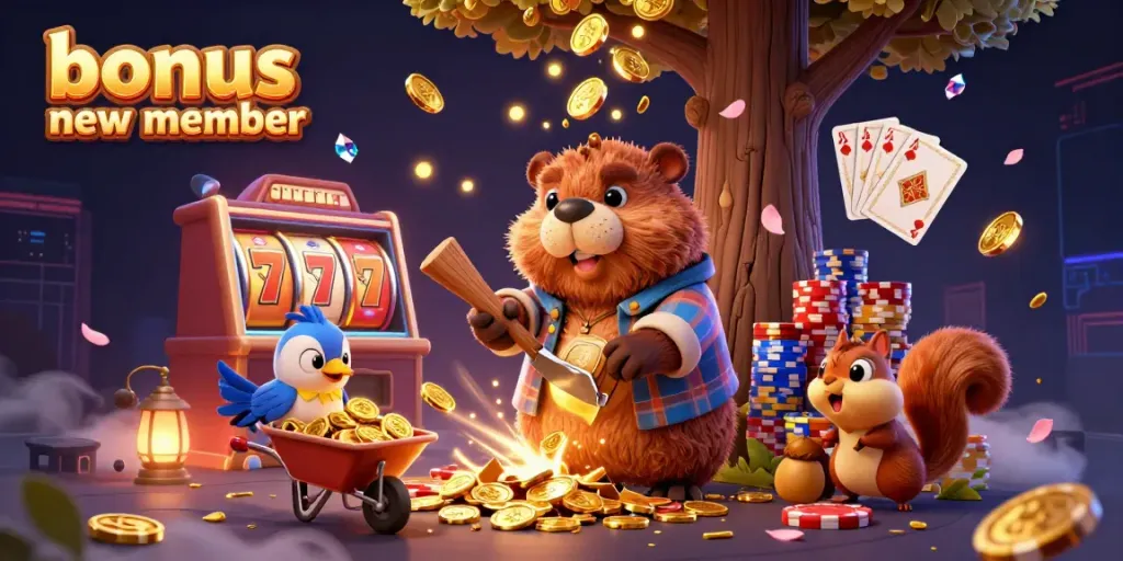 Join the excitement with the bonus new member offer featuring a lively beaver and friends collecting gold in a vibrant casino setting.