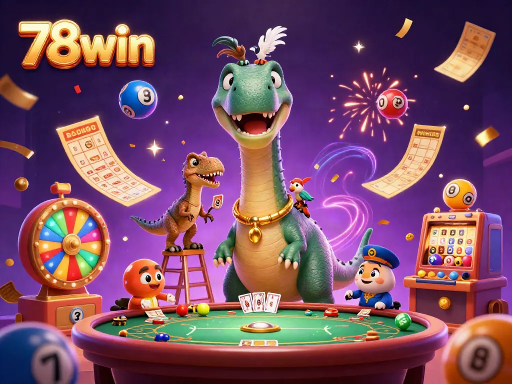 Experience the excitement of 78win with a vibrant 3D cartoon casino scene filled with gaming elements.