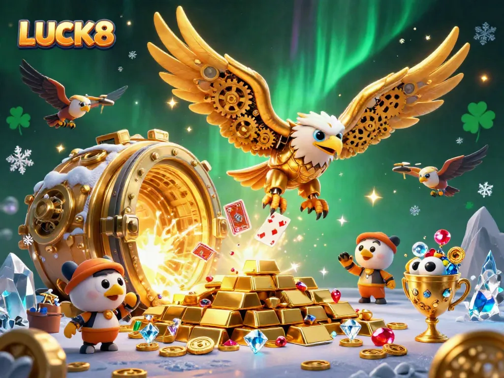 LUCK8 brings excitement to online gaming with a golden eagle soaring through vibrant casino symbols.