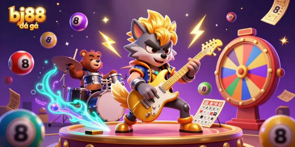 Experience the excitement of bj88 đá gà with an electrifying 3D casino scene featuring a rock star wolf and a drummer bear.