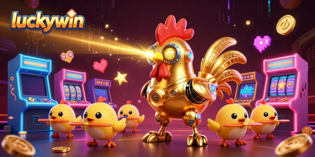 Experience thrilling gameplay with luckywin, featuring a golden rooster robot amidst dazzling casino elements.