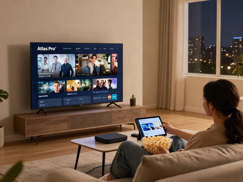 Couple profitant de l'application Atlas Pro ONTV sur Smart TV dans un salon moderne
