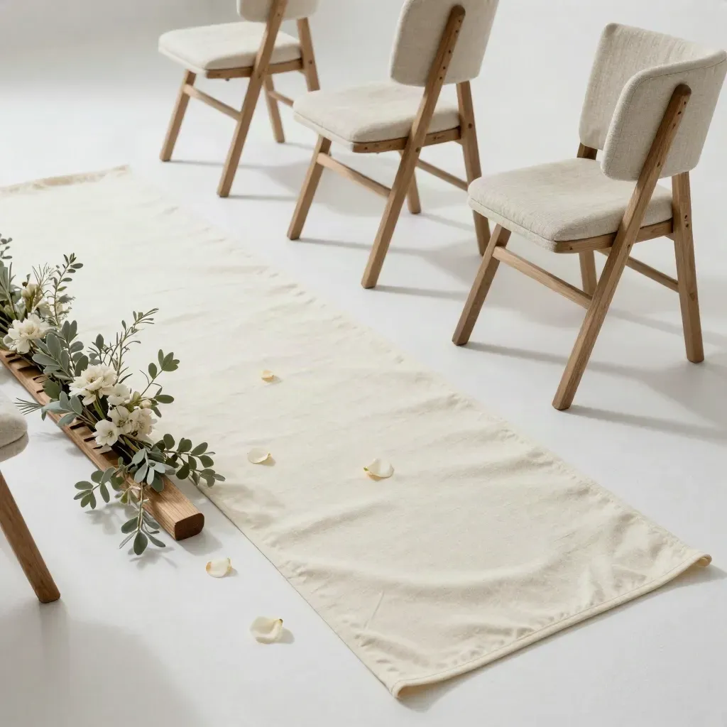 Vue de dessus d’un ensemble de cérémonie avec allée ivoire, chaises pliées et arche florale.