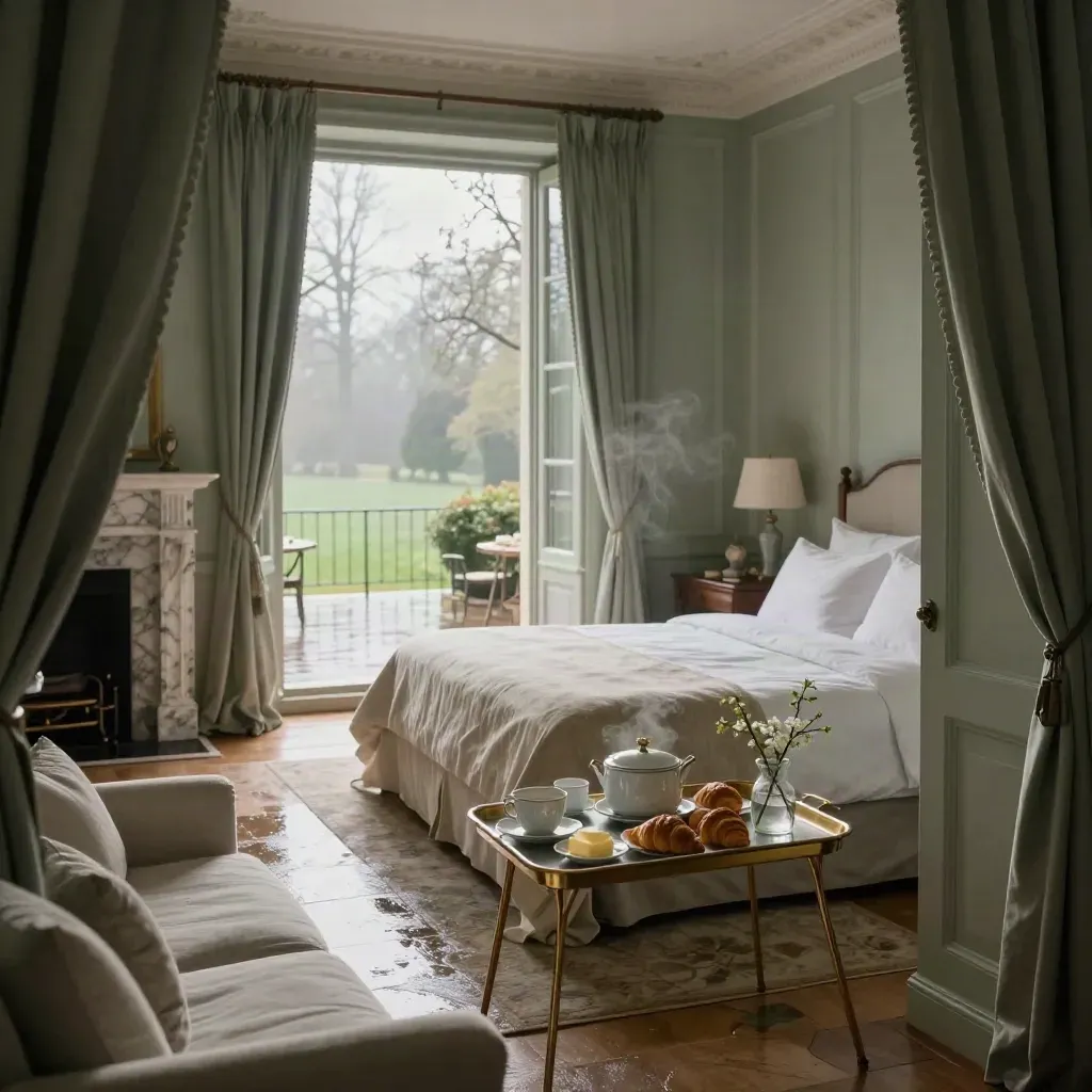 Suite Grand Salon lumineuse avec lit king, cheminée en marbre et plateau petit-déjeuner vapeur.