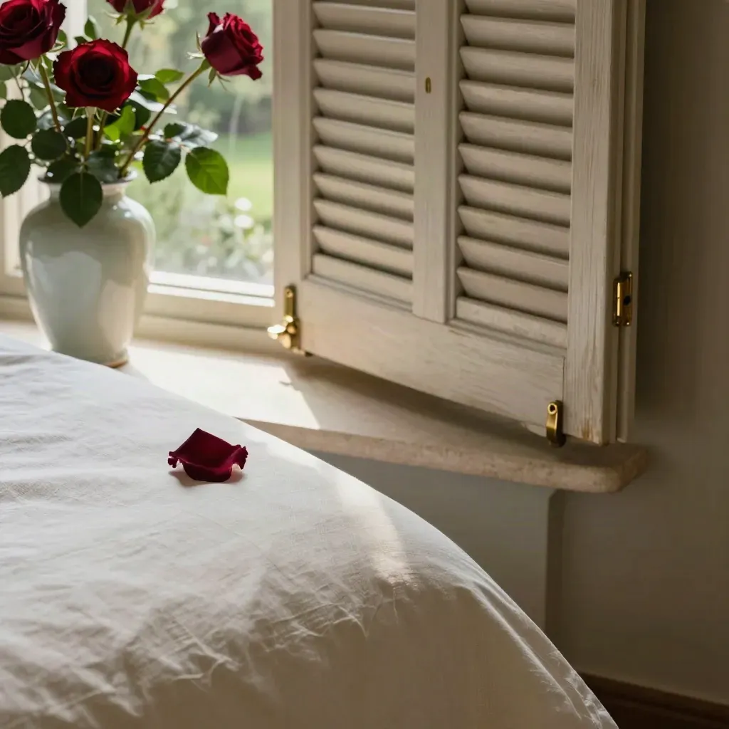 Gros plan d’une suite château avec roses, lin froissé et volets ouverts, lumière du matin.