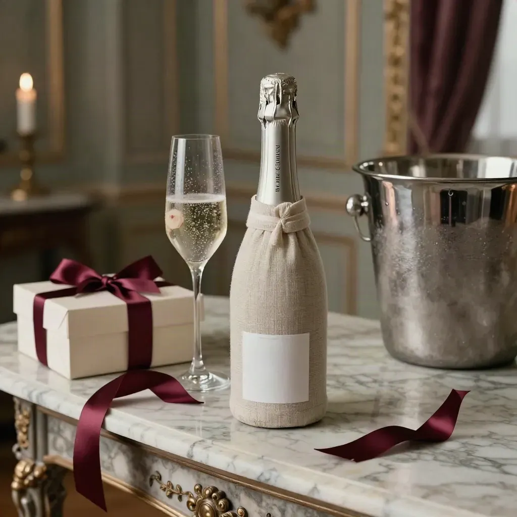 Set romantique avec champagne, flûtes, roses et coffret sur console de marbre dans un salon de château.