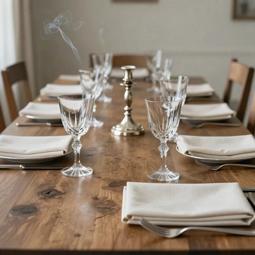 Grande table de dîner au château, cristal, serviettes pliées et chandeliers sur chêne ancien.