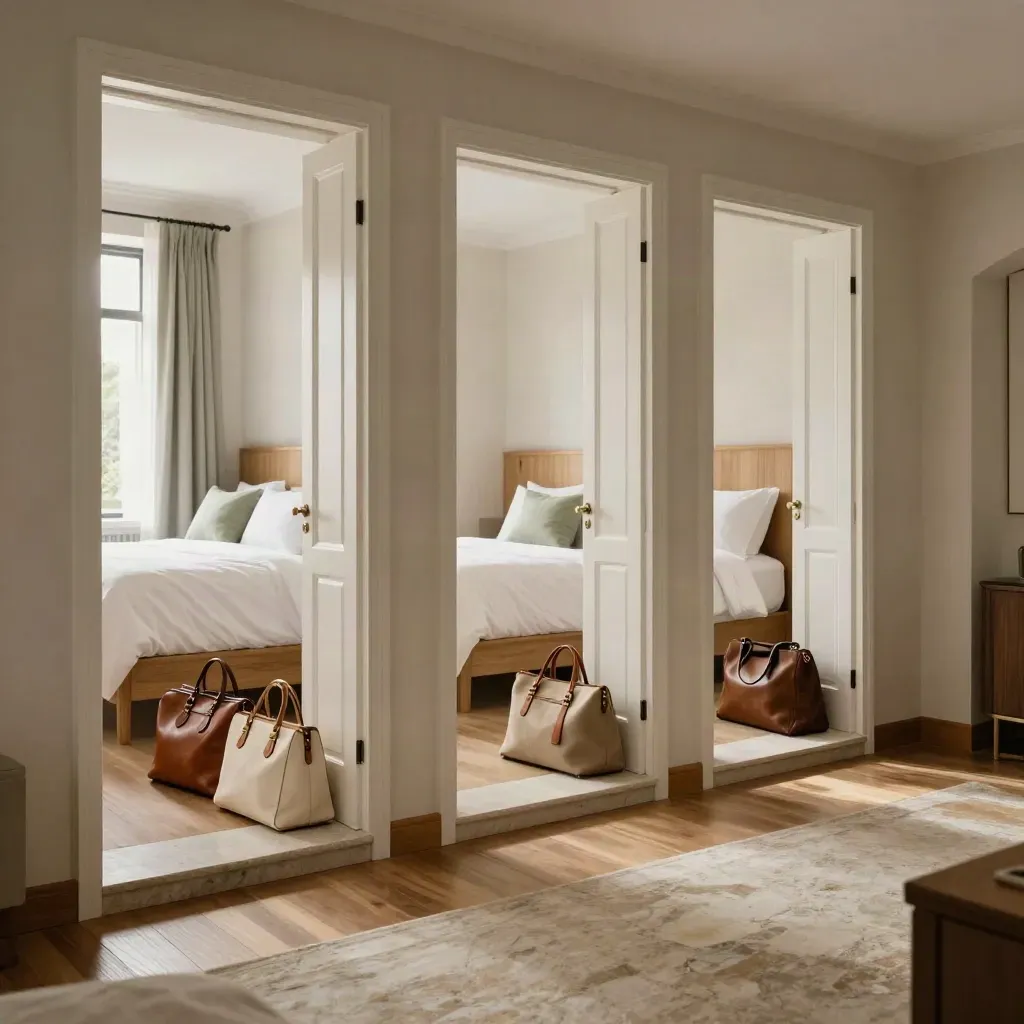 Trois seuils de chambres ouvertes avec valises et lits tirés au château.