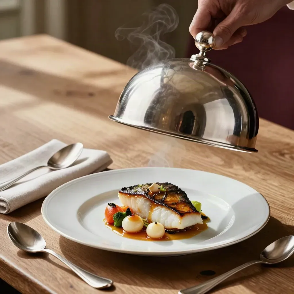 Plat de réception sous cloche sur table de château, vapeur douce et service argenté.