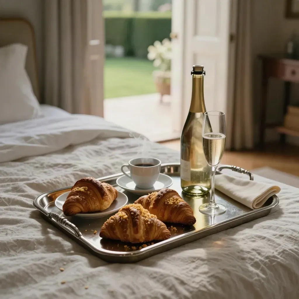 Plateau de petit-déjeuner au lit avec croissants, espresso et champagne, lumière douce du matin.