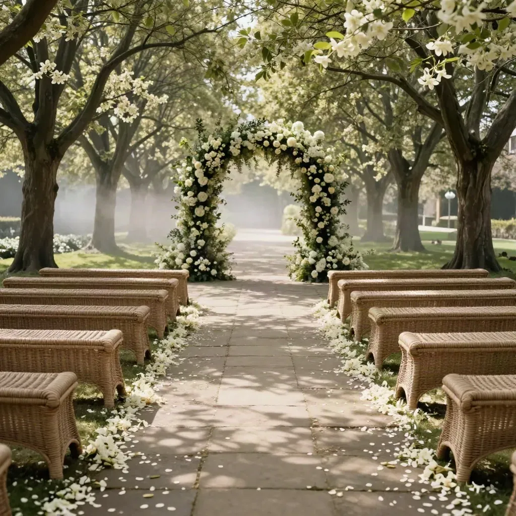 Allée de cérémonie bordée de tilleuls, bancs en osier, arche florale et pétales sur pierre.