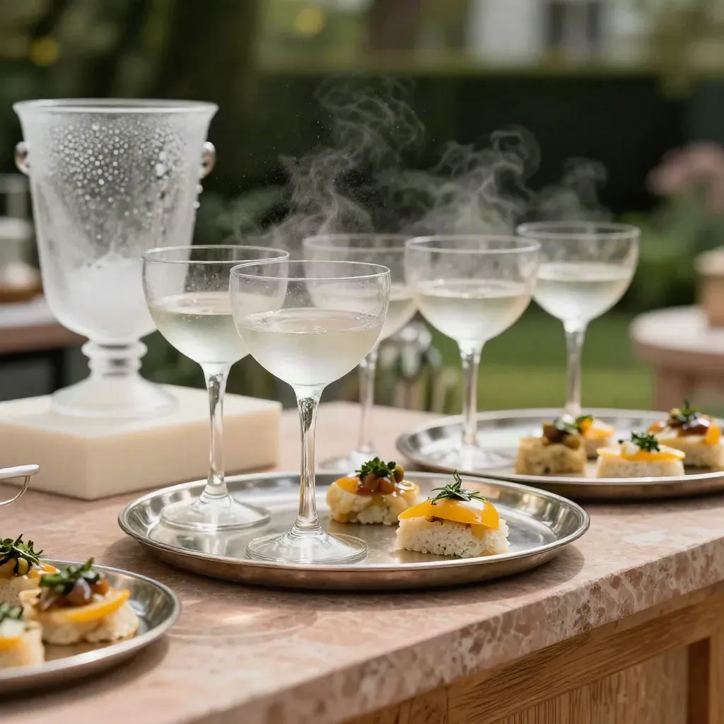 Gros plan sur des coupes à cocktail, plateaux argentés et glace sur un bar de jardin.
