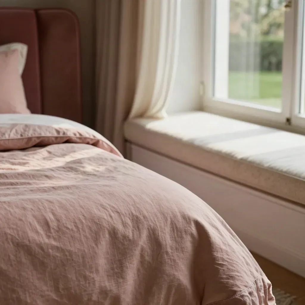 Gros plan d’une suite rose : tête de lit capitonnée, lin froissé, banquette et vue sur le parc.