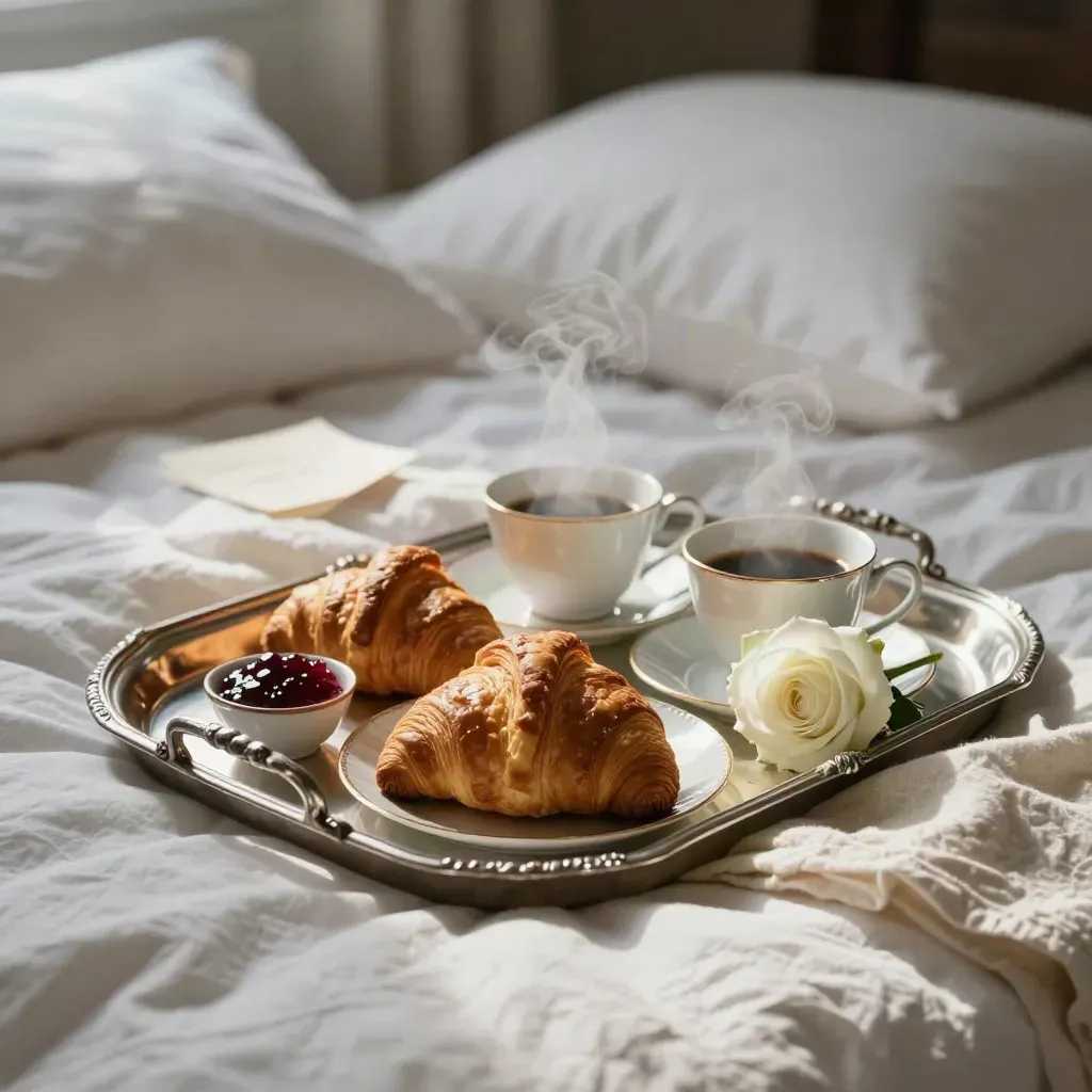 Petit-déjeuner au lit sur plateau argenté, croissants, café fumant et rose blanche