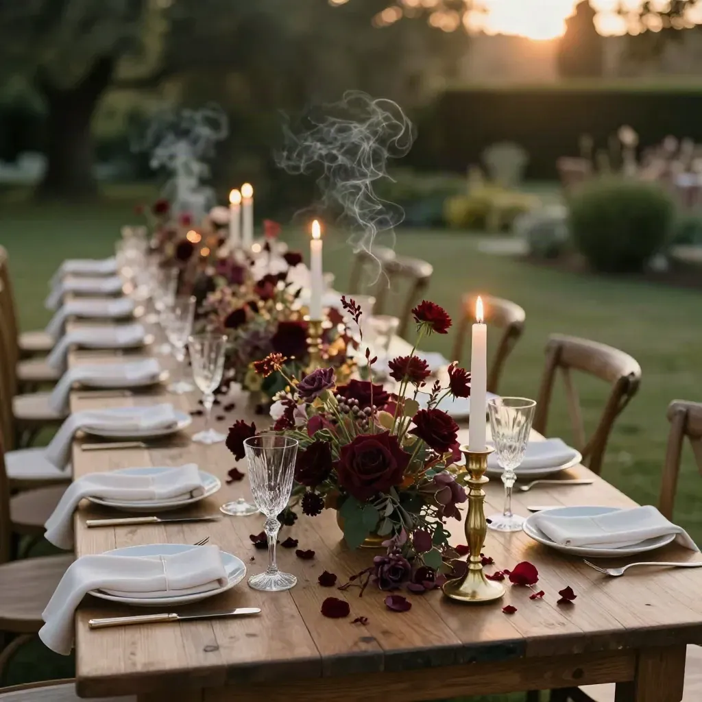 Grande table de mariage sous les arbres, fleurs bordeaux, flûtes de champagne et chandeliers or.