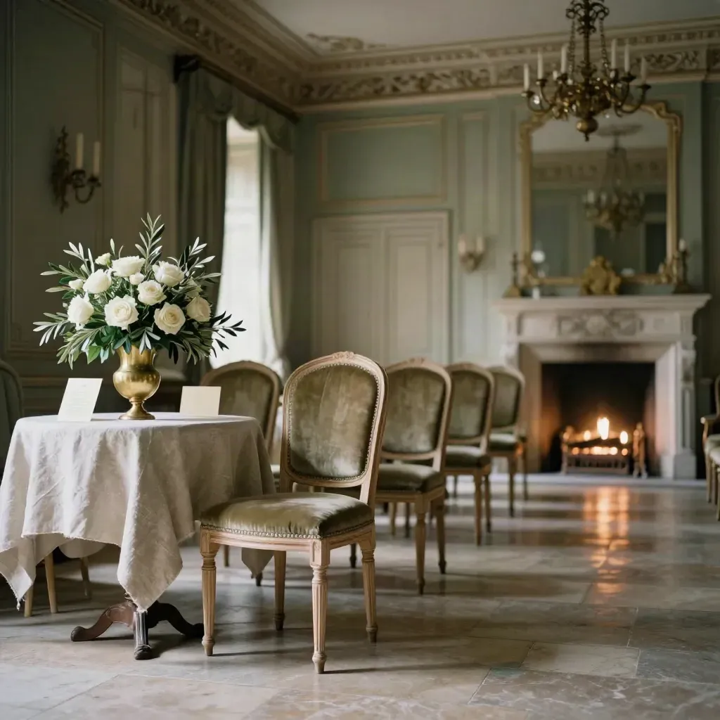 Salon de château prêt pour une soirée privée, chaises pliées, feu vivant et bouquet d’accueil.