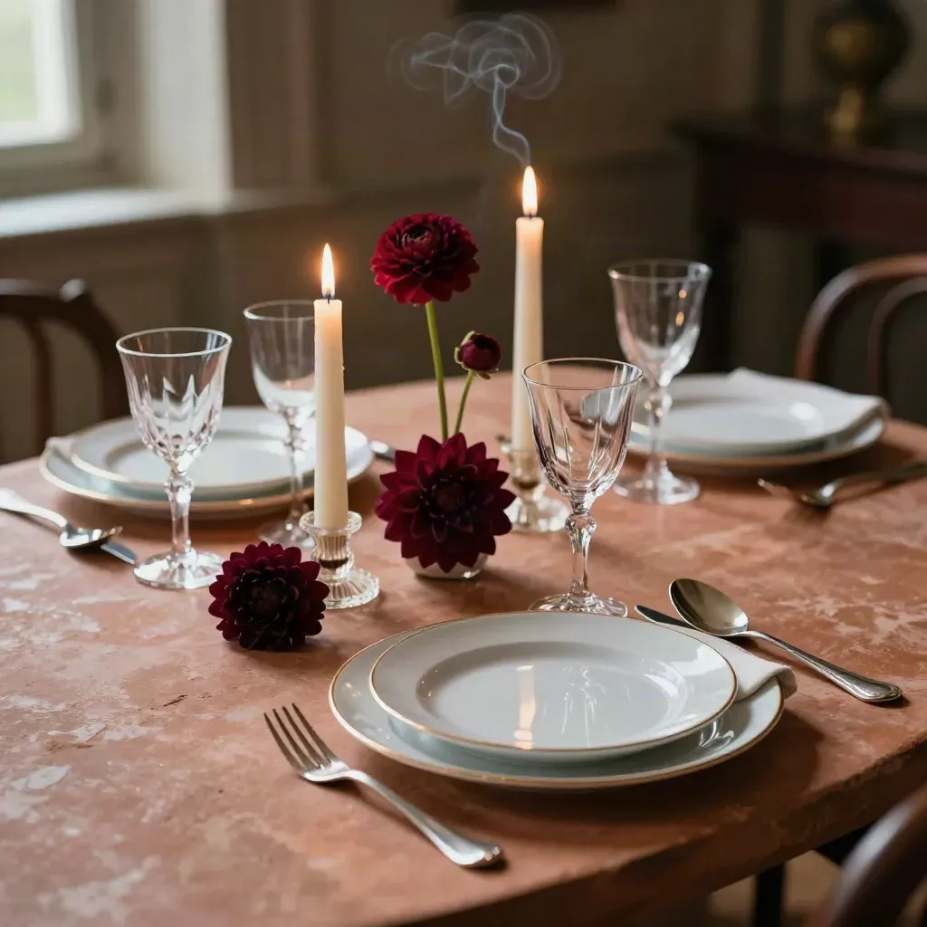 Table de dîner aux chandelles dans un château, deux couverts, cristal, fleurs bordeaux, fumée douce.