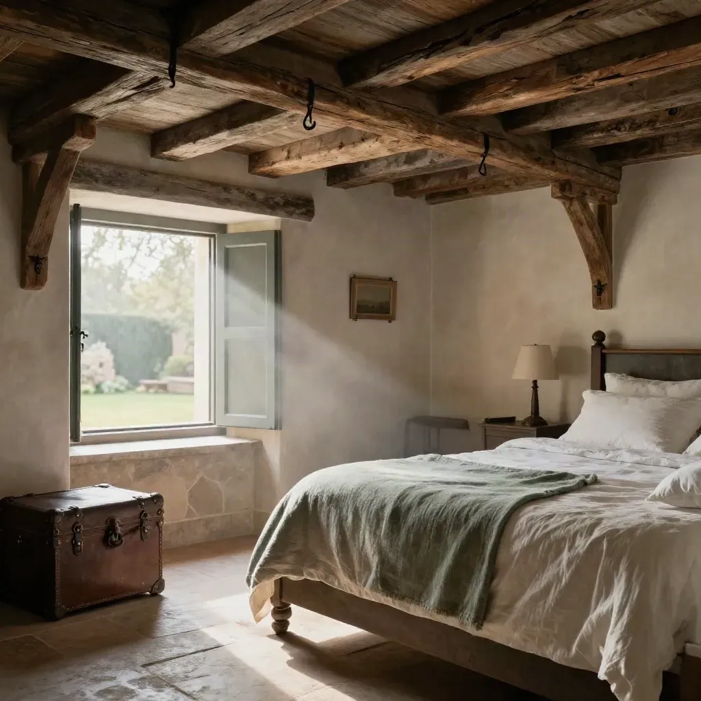 Suite d’écuries élégante avec lit face à la cour, poutres anciennes et lumière douce.