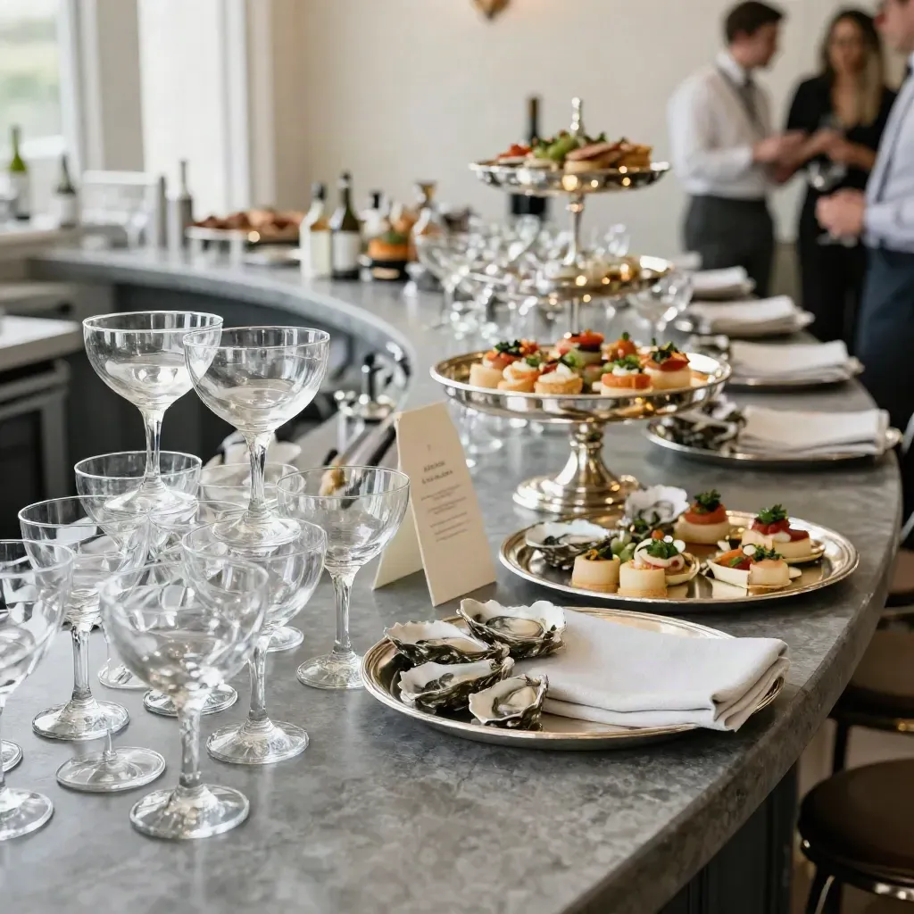 Station cocktail élégante avec coupes, plateaux argentés et bouchées fines sur un bar en pierre.