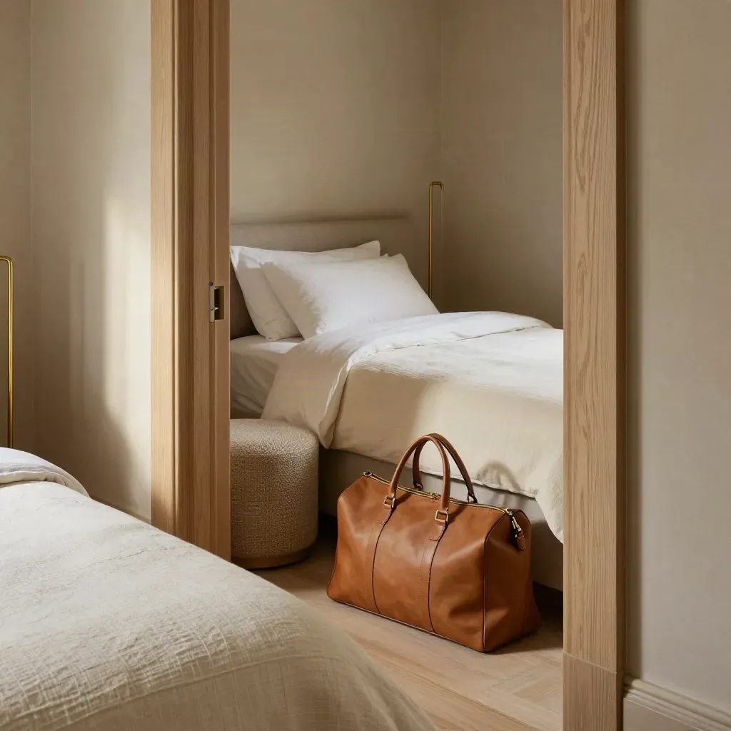 Enfilade de trois chambres, linge ivoire, sacs rangés et coin salon chaleureux.