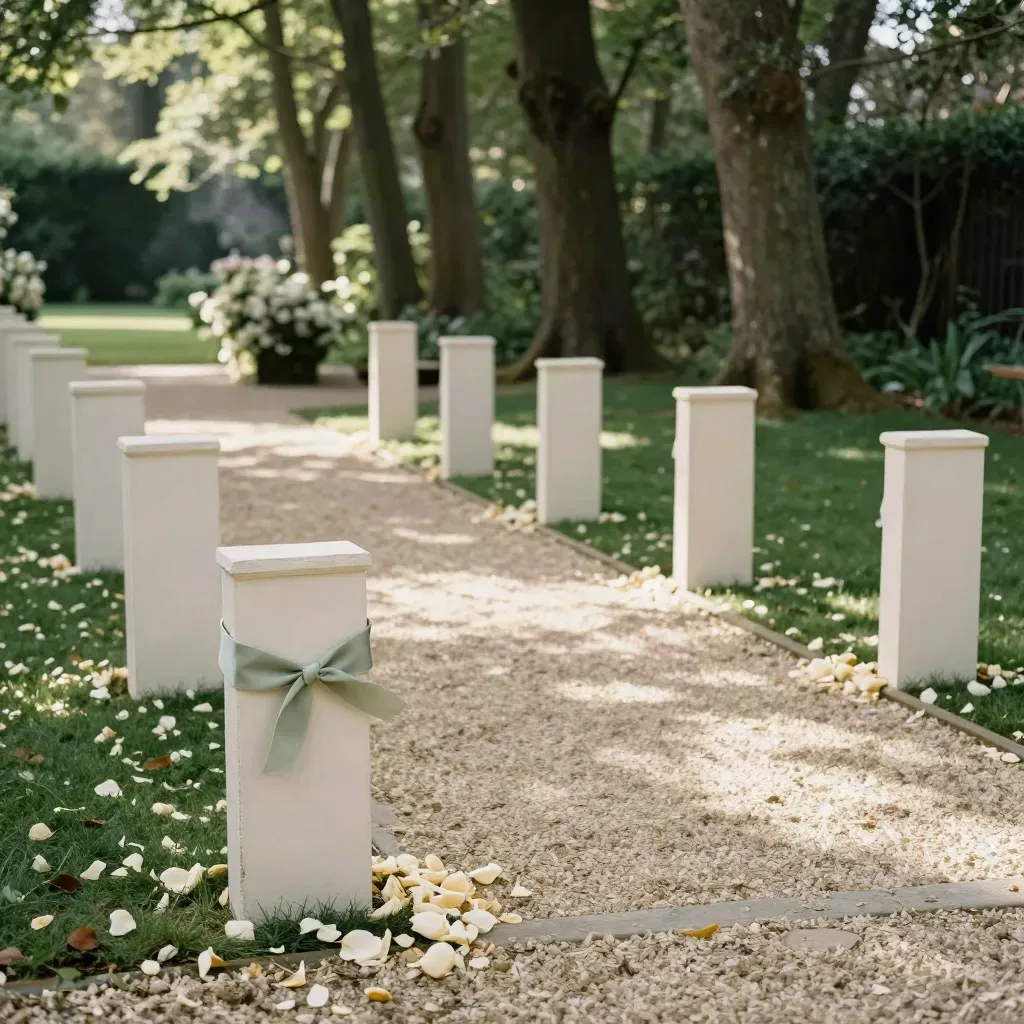 Allée de cérémonie en forêt, troncs d’arbres, pétales clairs et marqueurs pâles.
