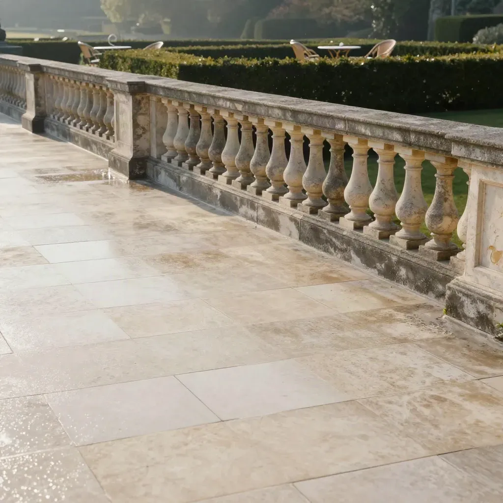 Terrasse de château en pierre après la pluie, haies taillées et tables de jardin floues.