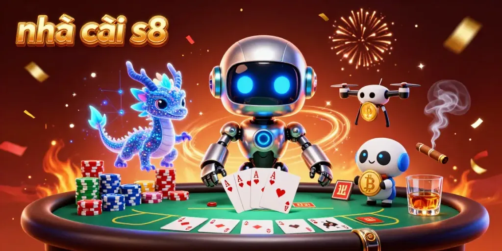 Engage with nhà cái s8 at a vibrant 3D casino scene featuring robot dealer and poker elements.
