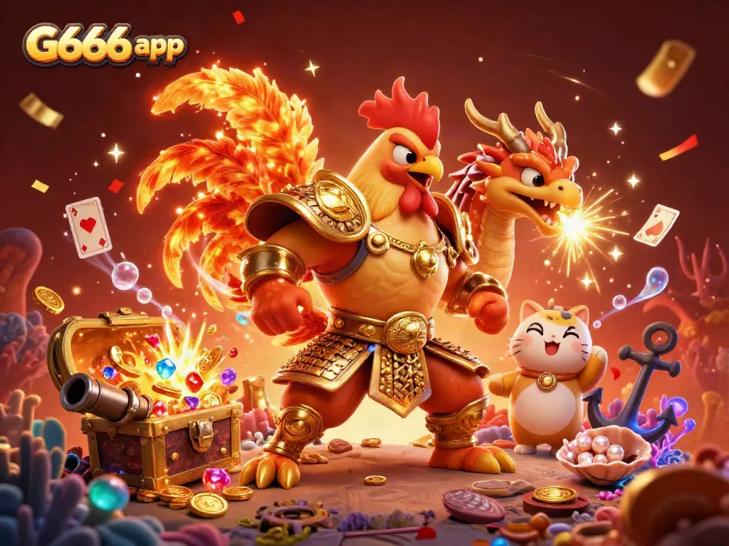 Experience the G666 app with an epic rooster warrior and dragon in a vibrant casino scene.