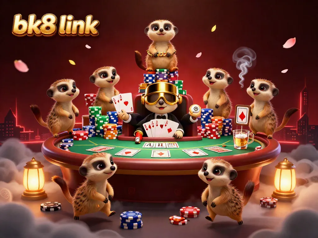 Experience the vibrant chaos of the bk8 link casino led by a meerkat colony in this dynamic 3D illustration.