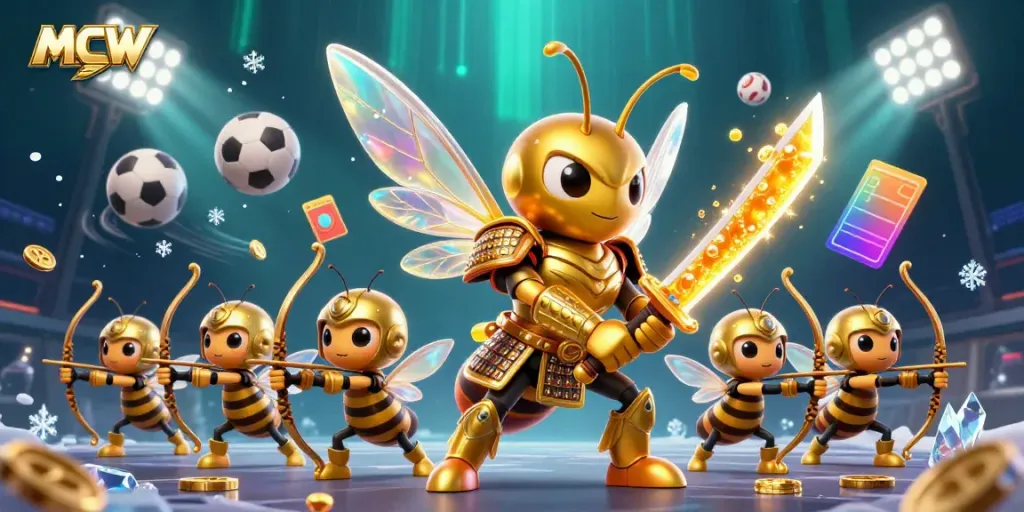 MCW attracts players with 3D golden hornet avatar in a vibrant, energizing casino scene.