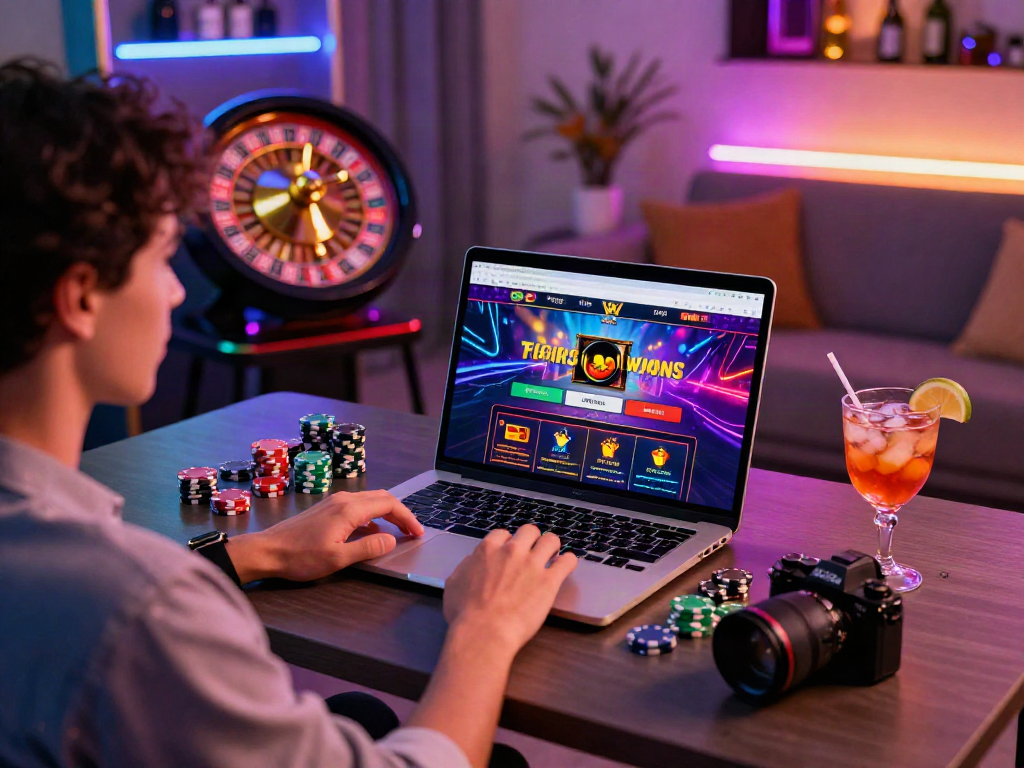 Expérience de jeu dans un casino en ligne sans wager avec un joueur enthousiaste devant son ordinateur, ambiance excitante et moderne.