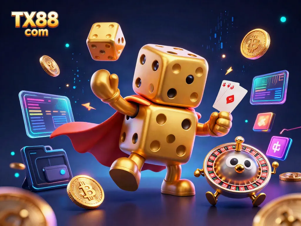 Engage with TX88 com through a vibrant 3D casino illustration showcasing a golden dice golem and digital crypto elements.