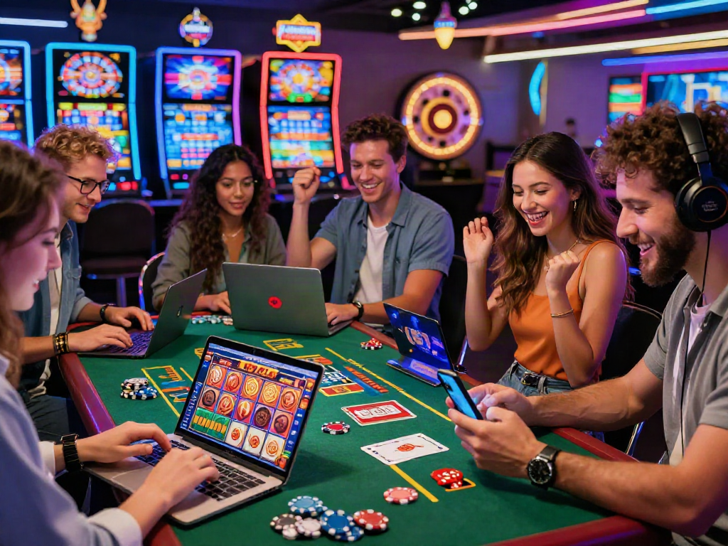 Des amis jouant à des jeux de casino en ligne, célébrant un gain au top casino en ligne.